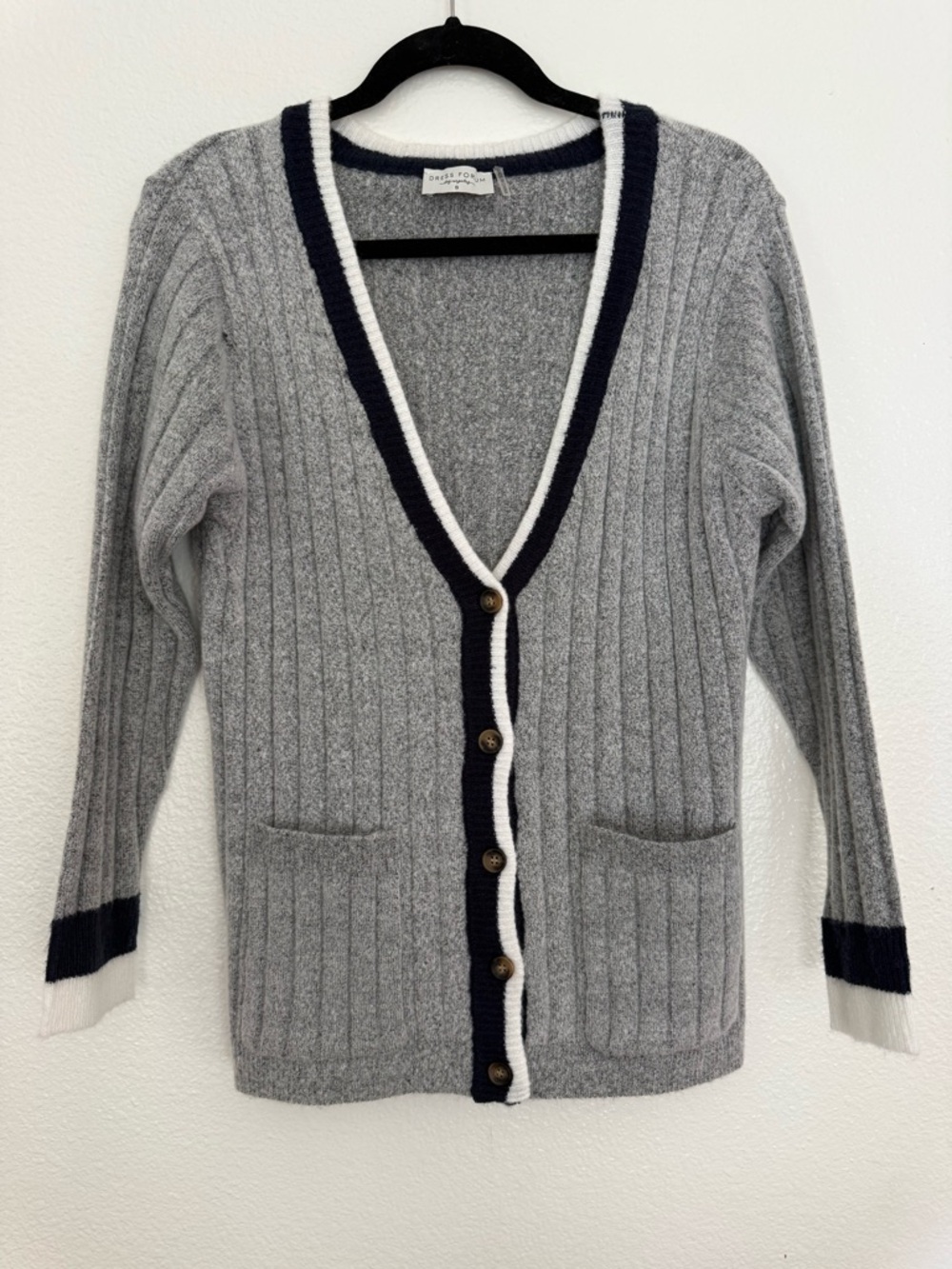 Grey Ribbed V-Neck Cardigan with Navy and White Trim - Women's Sweater